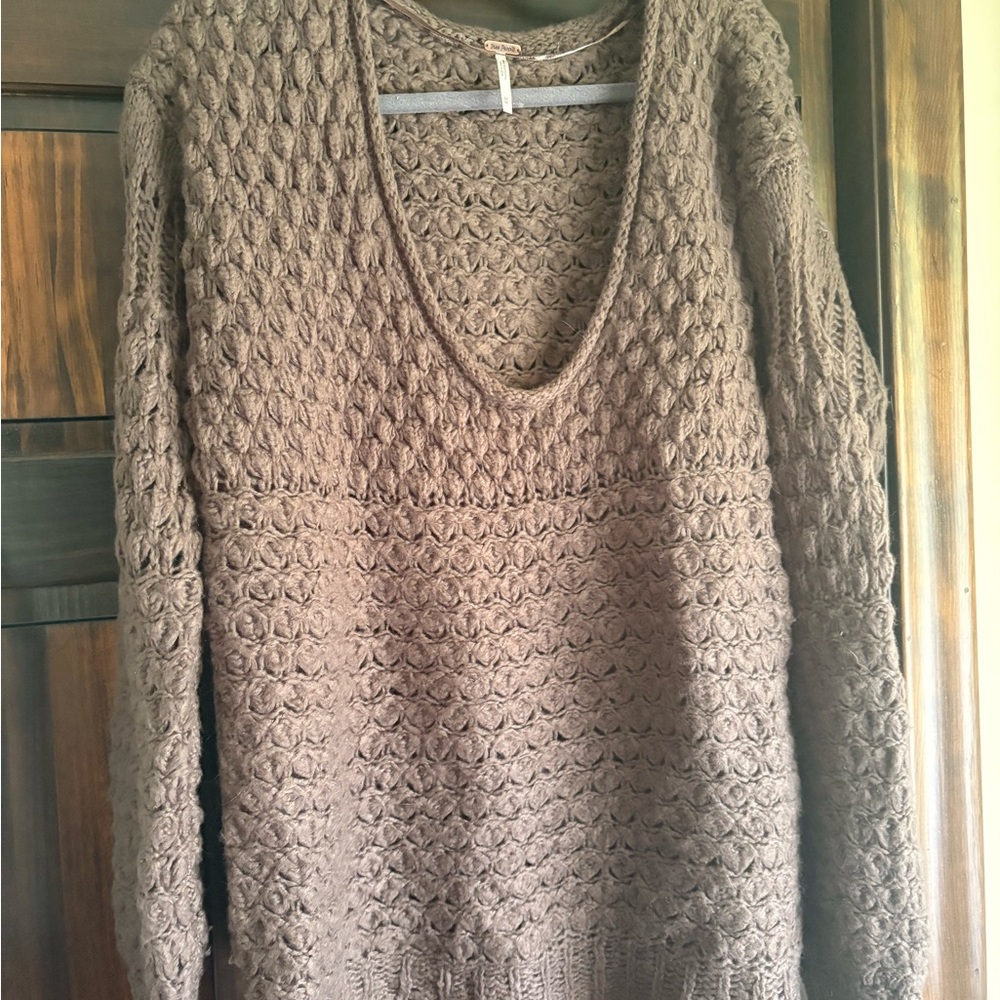 Free People Textured Brown V-Neck Sweater